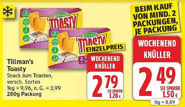 Tillman’s Toasty Snack zum Toasten, versch. Sorten 280g Packung