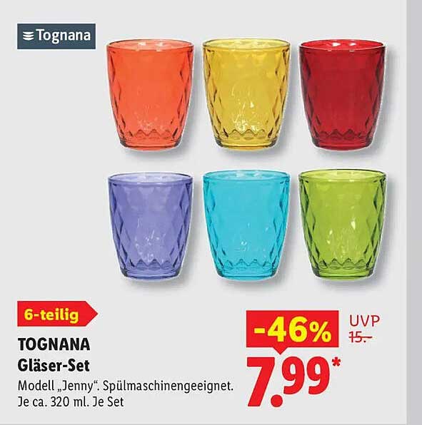 TOGNANA Gläser-Set Modell „Jenny“. Spülmaschinengeeignet. Je ca. 320 ml. Je Set