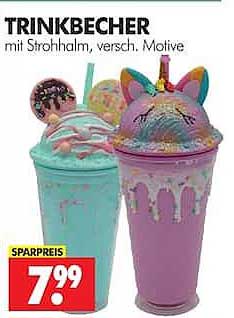 TRINKBECHER mit Strohhalm, versch. Motive
