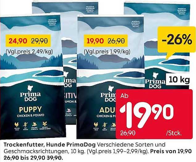 Trockenfutter, Hunde PrimaDog Verschiedene Sorten und Geschmacksrichtungen, 10 kg.