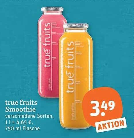 true fruits Smoothie verschiedene Sorten, 1 l = 4,65 €, 750 ml Flasche