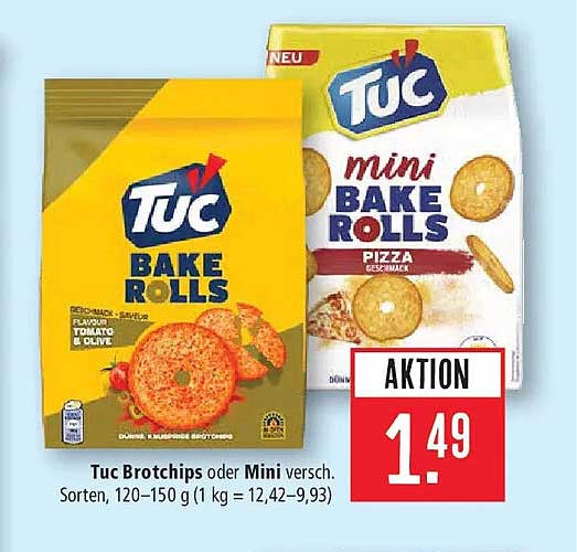 Tuc Brotchips oder Mini versch. Sorten, 120–150 g (1 kg = 12,42–9,93)