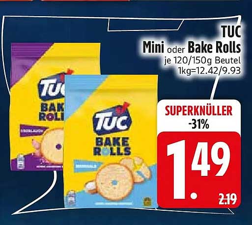 TUC Mini oder Bake Rolls je 120/150g Beutel 1kg=12.42/9.93