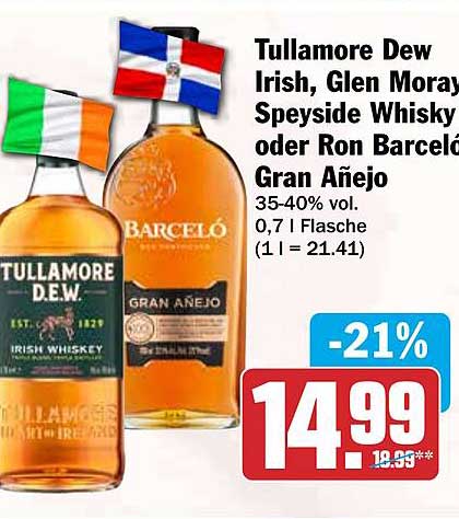 Tullamore Dew Irish, Glen Moray Speyside Whisky oder Ron Barceló Gran Añejo