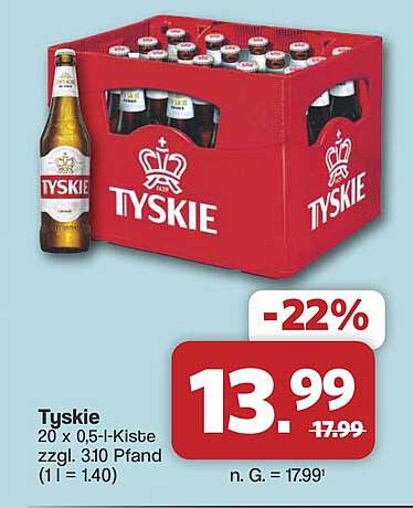 Tyskie 20 x 0,5-l-Kiste zzgl. 3,10 Pfand (1 l = 1.40)