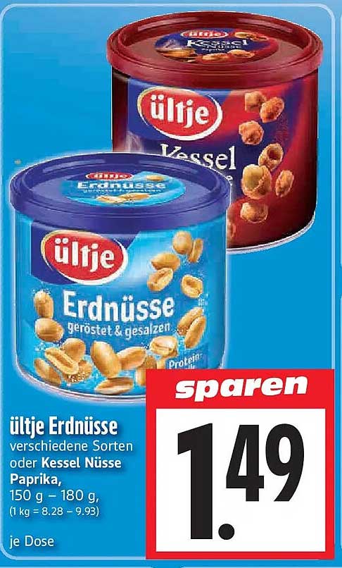 ültje Erdnüsse verschiedene Sorten oder Kessel Nüsse Paprika, 150 g – 180 g, (1 kg = 8.28 – 9.93)