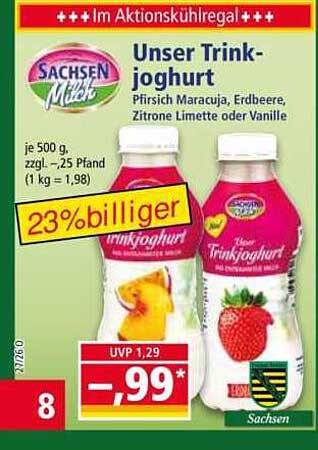 Unser Trink-joghurt Pfirsich Maracuja, Erdbeere, Zitrone Limette oder Vanille