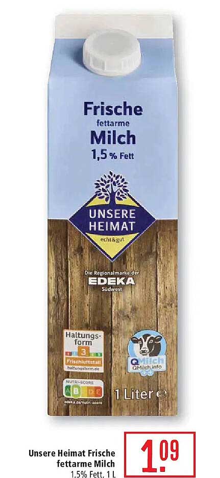 Unsere Heimat Frische fettarme Milch 1,5% Fett, 1 l