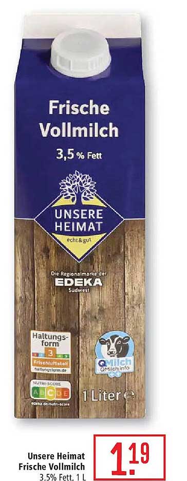 Unsere Heimat Frische Vollmilch 3,5% Fett, 1 L