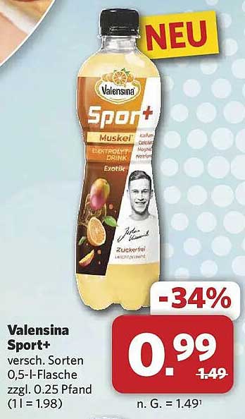 Valensina Sport+ versch. Sorten 0,5-l-Flasche zzgl. 0.25 Pfand (1 l = 1.98)