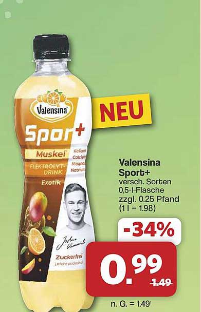 Valensina Sport+ versch. Sorten 0,5-l-Flasche zzgl. 0.25 Pfand (1 l = 1.98)