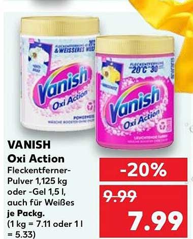 VANISH Oxi Action Fleckenentferner-Pulver 1,125 kg oder -Gel 1,5 l, auch für Weißes je Packg.