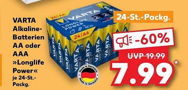VARTA Alkaline Batterien AA oder AAA »Longlife Power« je 24-St.-Packg.