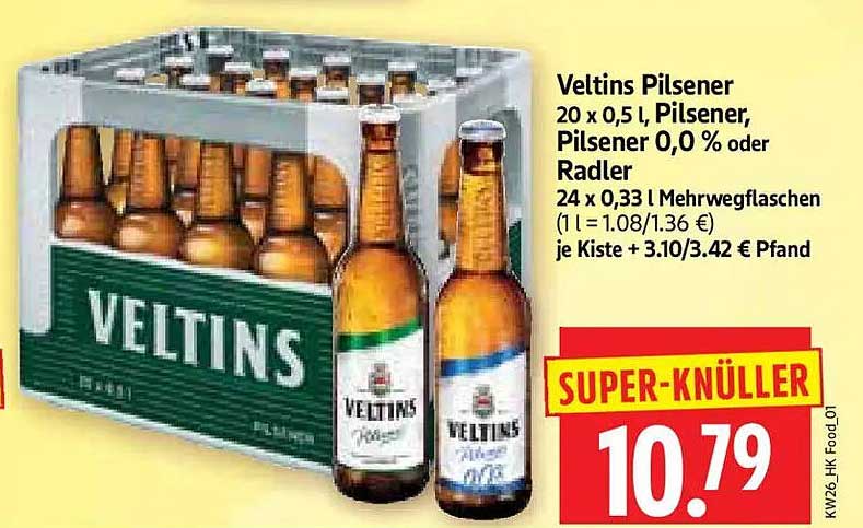 Veltins Pilsener 20 x 0,5 l, Pilsener, Pilsener 0,0 % oder Radler 24 x 0,33 l Mehrwegflaschen