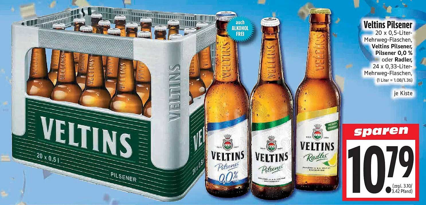 Veltins Pilsener 20 x 0,5-Liter-Mehrweg-Flaschen, Veltins Pilsener, Pilsener 0,0% oder Radler, 24 x 0,33-Liter-Mehrweg-Flaschen