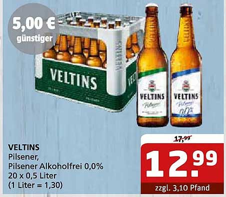 VELTINS Pilsener, Pilsener Alkoholfrei 0,0%, 20 x 0,5 Liter (1 Liter = 1,30)