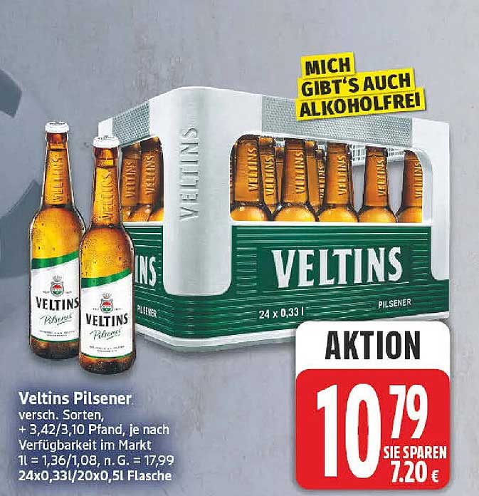 Veltins Pilsener versch. Sorten, + 3,42/3,10 Pfand, je nach Verfügbarkeit im Markt 1ℓ = 1,36/1,08, n. G. = 17,99 24x0,33l/20x0,5l Flasche