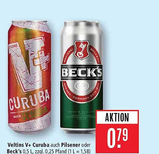 Veltins V+ Curuba auch Pilsener oder Beck's 0,5 l, zzgl. 0,25 Pfand (1 L = 1,58)