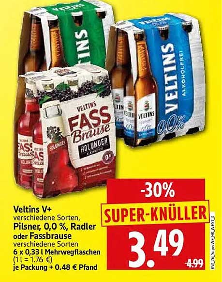 Veltins V+ verschiedene Sorten, Pilsner, 0,0 %, Radler oder Fassbrause verschiedene Sorten 6 x 0,33 l Mehrwegflaschen (1 l = 1.76 €) je Packung + 0.48 € Pfand