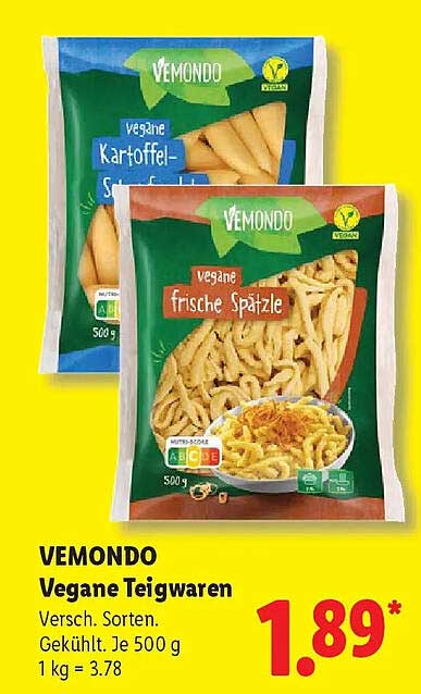 VEMondo Vegane Teigwaren Versch. Sorten. Gekühlt. Je 500 g 1 kg = 3.78