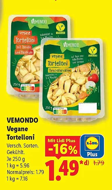VEMONDO Vegane Tortelloni Versch. Sorten. Gekühlt. Je 250 g