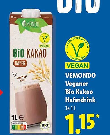 VEMONDO Veganer Bio Kakao Haferdrink Je 1 L