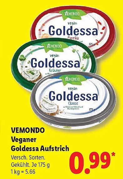VEMONDO Veganer Goldessa Aufstrich Versch. Sorten. Gekühlt. Je 175 g 1 kg = 5.66