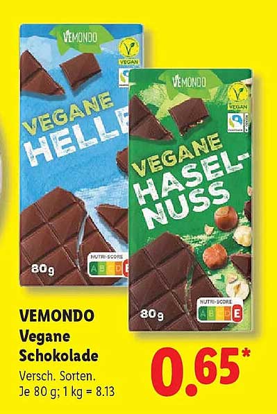 VEMUNDO Vegane Schokolade Versch. Sorten. Je 80 g; 1 kg = 8.13