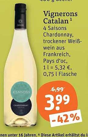 Vignerons Catalan 4 Saisons Chardonnay, trockener Weißwein aus Frankreich, Pays d'oc, 0,75 l Flasche