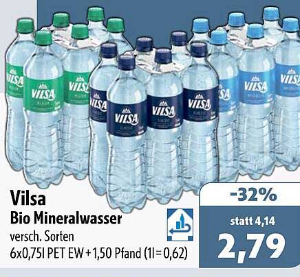 Vilsa Bio Mineralwasser versc. Sorten 6x0,75l PET EW+1,50 Pfand (1l=0,62)