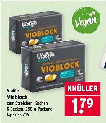 Violife Vioblock zum Streichen, Kochen & Backen, 250-g-Packung, kg-Preis 7.16