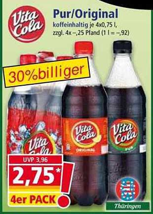 Vita Cola Pur/Original koffeinhaltig je 4x0,75 l, zzgl. 4x.-,25 Pfand (1 l = .92)