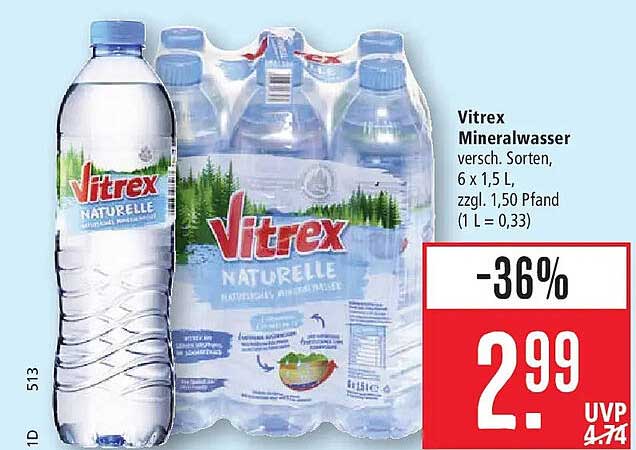 Vitrex Mineralwasser versch. Sorten, 6 x 1,5 L, zzgl. 1,50 Pfand (1 L = 0,33)