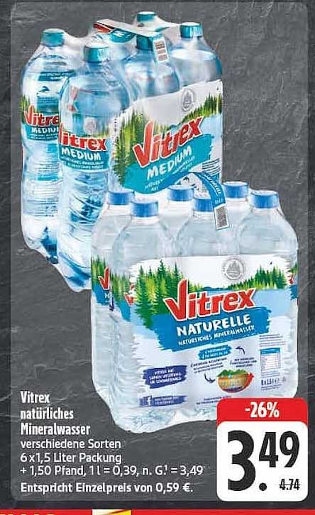 Vitrex natürliches Mineralwasser verschiedene Sorten 6 x 1,5 Liter Packung
