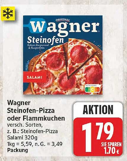 Wagner Steinofen-Pizza oder Flammkuchen versch. Sorten, z. B.: Steinofen-Pizza Salami 320g 1kg = 5,59, n.G. = 3,49 Packung