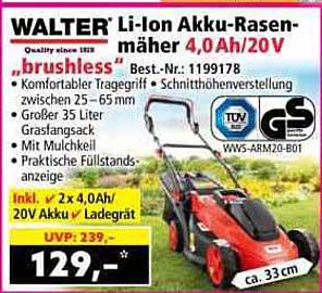 WALTER Li-Ion Akku-Rasenmäher 4,0 Ah/20 V brushless