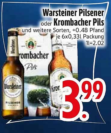 Warsteiner Pilsener oder Krombacher Pils und weitere Sorten, +0.48 Pfand je 6x0,33l Packung 1l=2.02