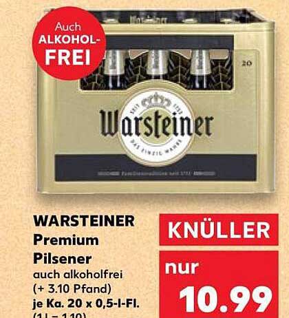 WARSTEINER Premium Pilsener auch alkoholfrei (+ 3.10 Pfand) je Ka. 20 x 0,5-l-Fl. (1 l = 1.10)