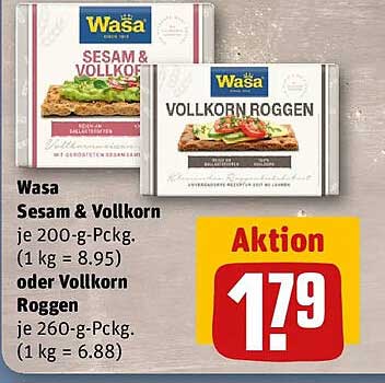 Wasa Sesam & Vollkorn je 200-g-Pckg. (1 kg = 8.95) oder Vollkorn Roggen je 260-g-Pckg. (1 kg = 6.88)