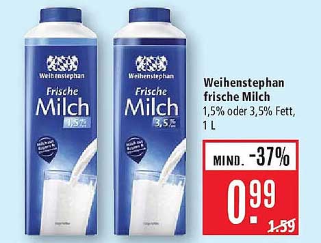 Weihenstephan frische Milch 1,5% oder 3,5% Fett, 1 L