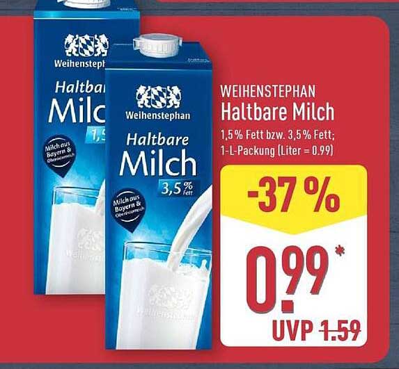 WEIHENSTEPHAN Haltbare Milch 1,5 % Fett bzw. 3,5 % Fett; 1-L-Packung (Liter = 0.99)