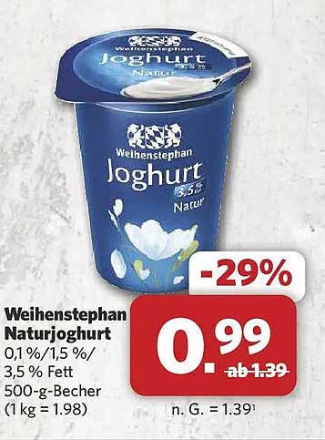 Weihenstephan Naturjoghurt 0,1 %/1,5 %/ 3,5 % Fett 500-g-Becher (1 kg = 1.98)