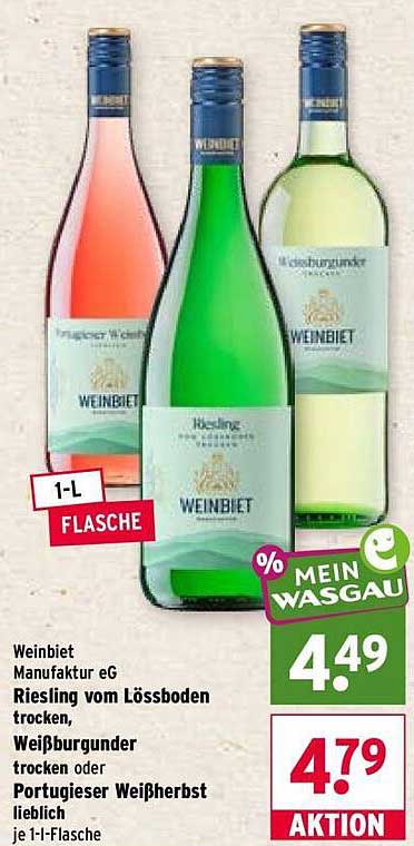 Weinbiet Manufaktur eG Riesling vom Lössboden trocken, Weißburgunder trocken oder Portugieser Weißherbst lieblich je 1-L-Flasche