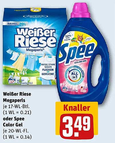 Weißer Riese Megaperls je 17-WL-Btl. (1 WL = 0.21) oder Spee Color Gel je 20-WL-Fl. (1 WL = 0.14)
