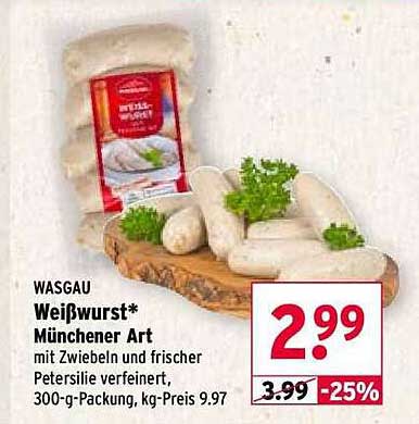 Weißwurst* Münchner Art mit Zwiebeln und frischer Petersilie verfeinert, 300-g-Packung, kg-Preis 9.97
