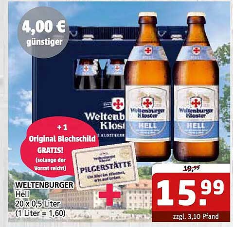 WELTENBURGER Hell 20 x 0,5 Liter (1 Liter = 1,60)