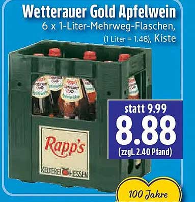 Wetterauer Gold Apfelwein 6 x 1-Liter-Mehrweg-Flaschen, (1 Liter = 1,48), Kiste
