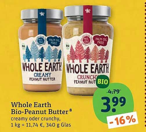 Whole Earth Bio-Peanut Butter⁸ creamy oder crunchy, 1 kg = 11,74 €, 340 g Glas