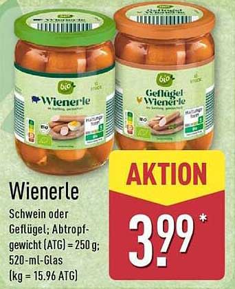 Wienerle Schwein oder Geflügel; Abtropfgewicht (ATG) = 250 g; 520-ml-Glas (kg = 15.96 ATG)