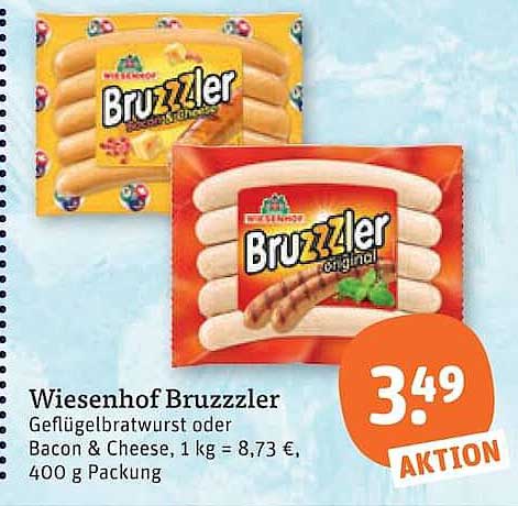 Wiesenhof Bruzzzler Geflügelbratwurst oder Bacon & Cheese, 1 kg = 8,73 €, 400 g Packung